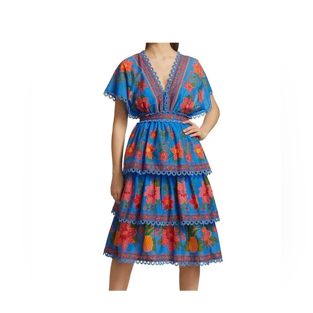 FARM Rio Blue Tropical Tapestry Layered V-Neck Dress NWT - Picture 4 of 10